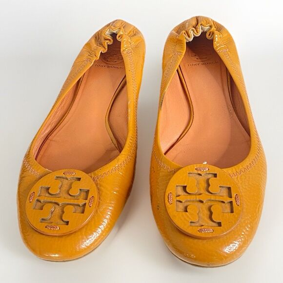 Tory Burch Orange Leather Logo 'Reva' Ballerina Flat MELON COLOR 10.5 M - Picture 1 of 9